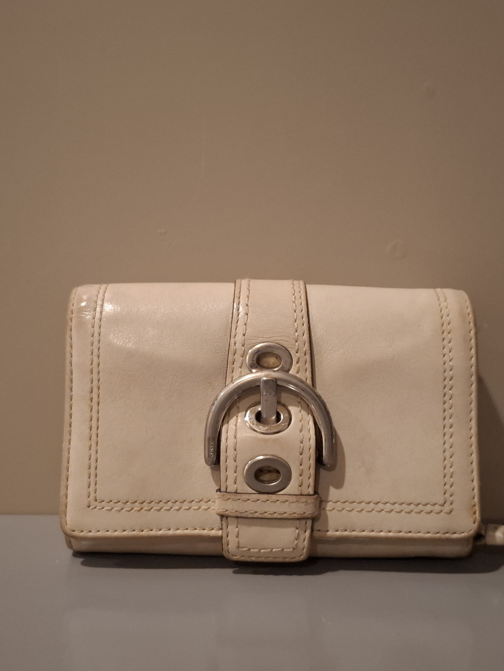 Coach Cream Leather Wallet with Silver Buckle Accent